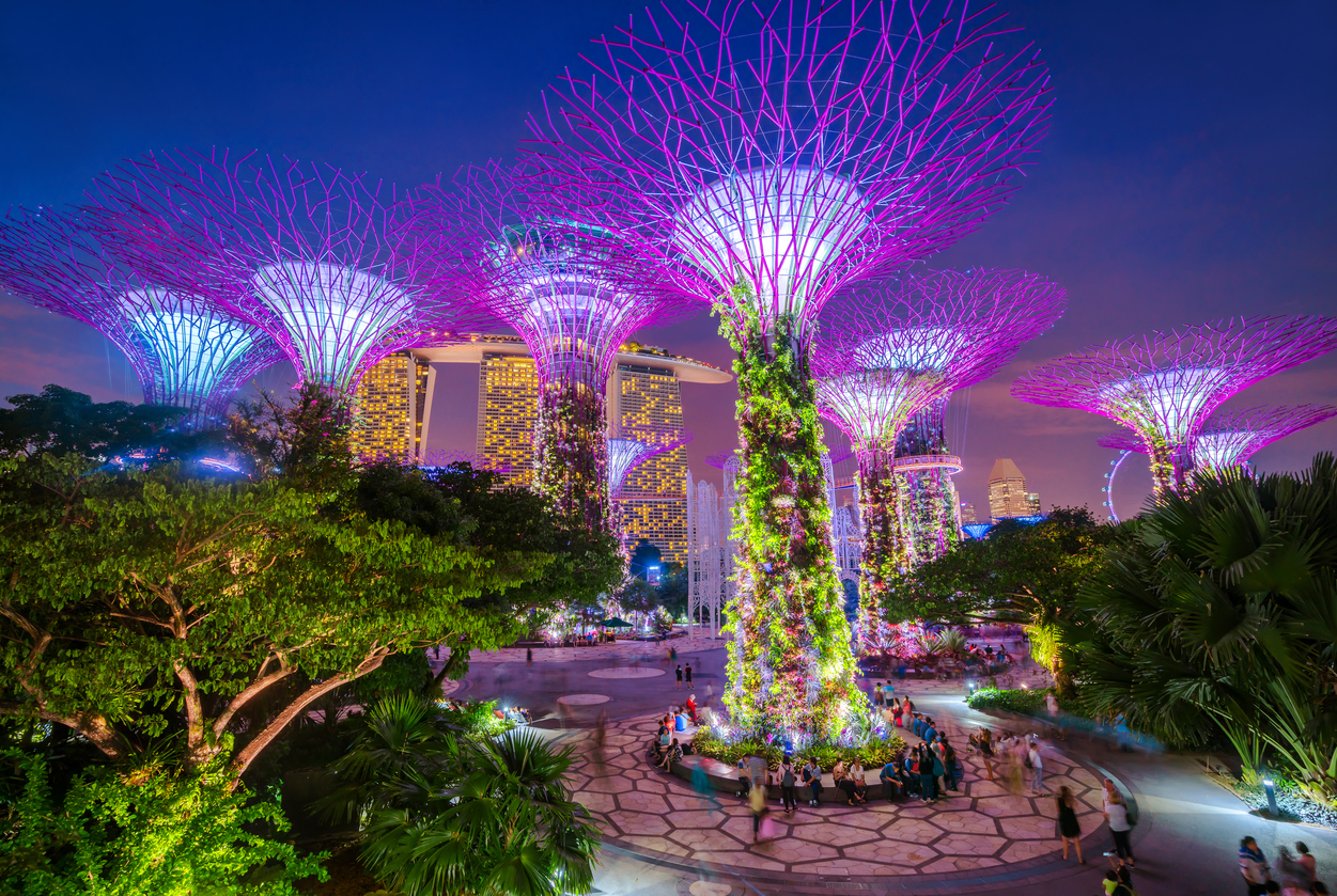 Singapore, Singapore - November 4, 2016: Illuminated Supertrees and Skywalk in Gardens by the bay in Singapore at night