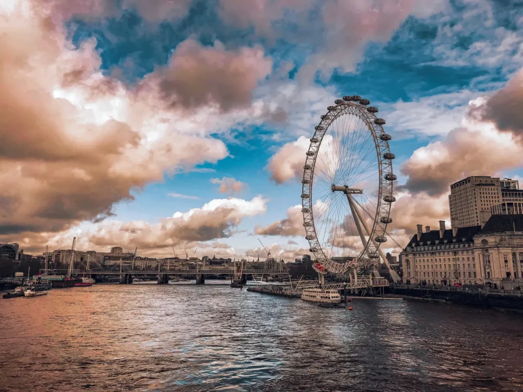 London Eye beside the River Thames under dramatic clouds